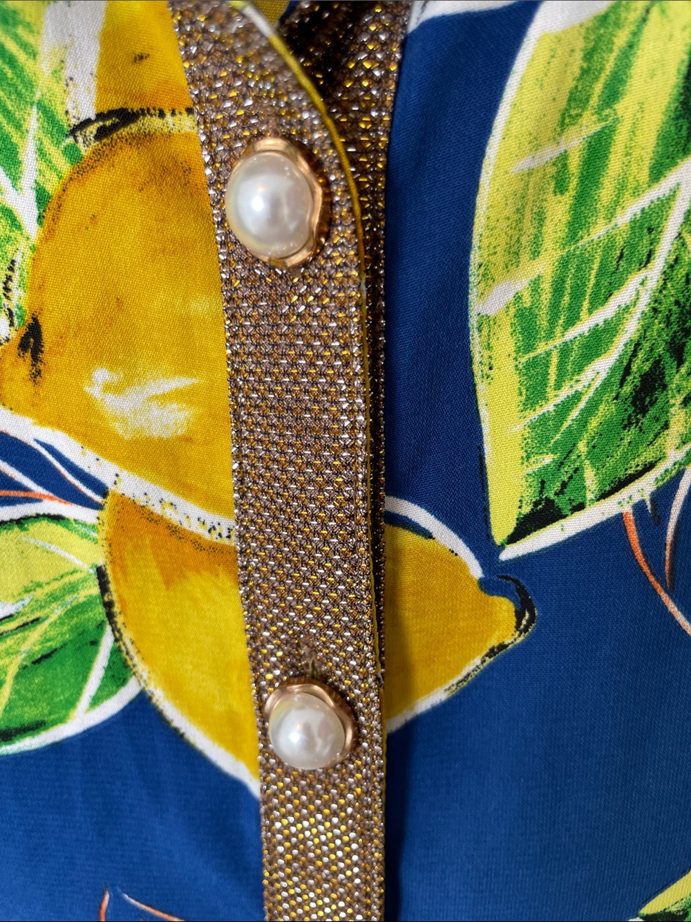 The Moon Blue Lemon-Print Short Sleeve Blouse with Metallic Trim - Picture 4 of 8